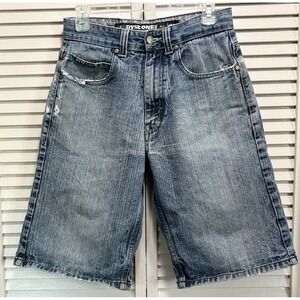 Dyse One Y2K Denim Shorts Distressed Paint Graphic Car Skate Baggy Sz30 Mid Rise